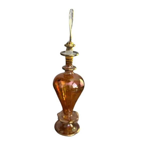 Amber Iridescent Perfume Bottle Gold Tone Trim Etched Flowers Delicate Dauber - Picture 3 of 6